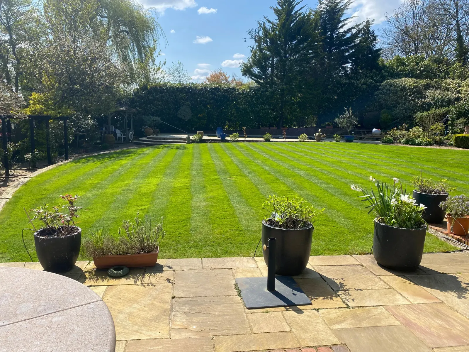 Mature back garden with potted plants on the patio and a freshly mowed lawn