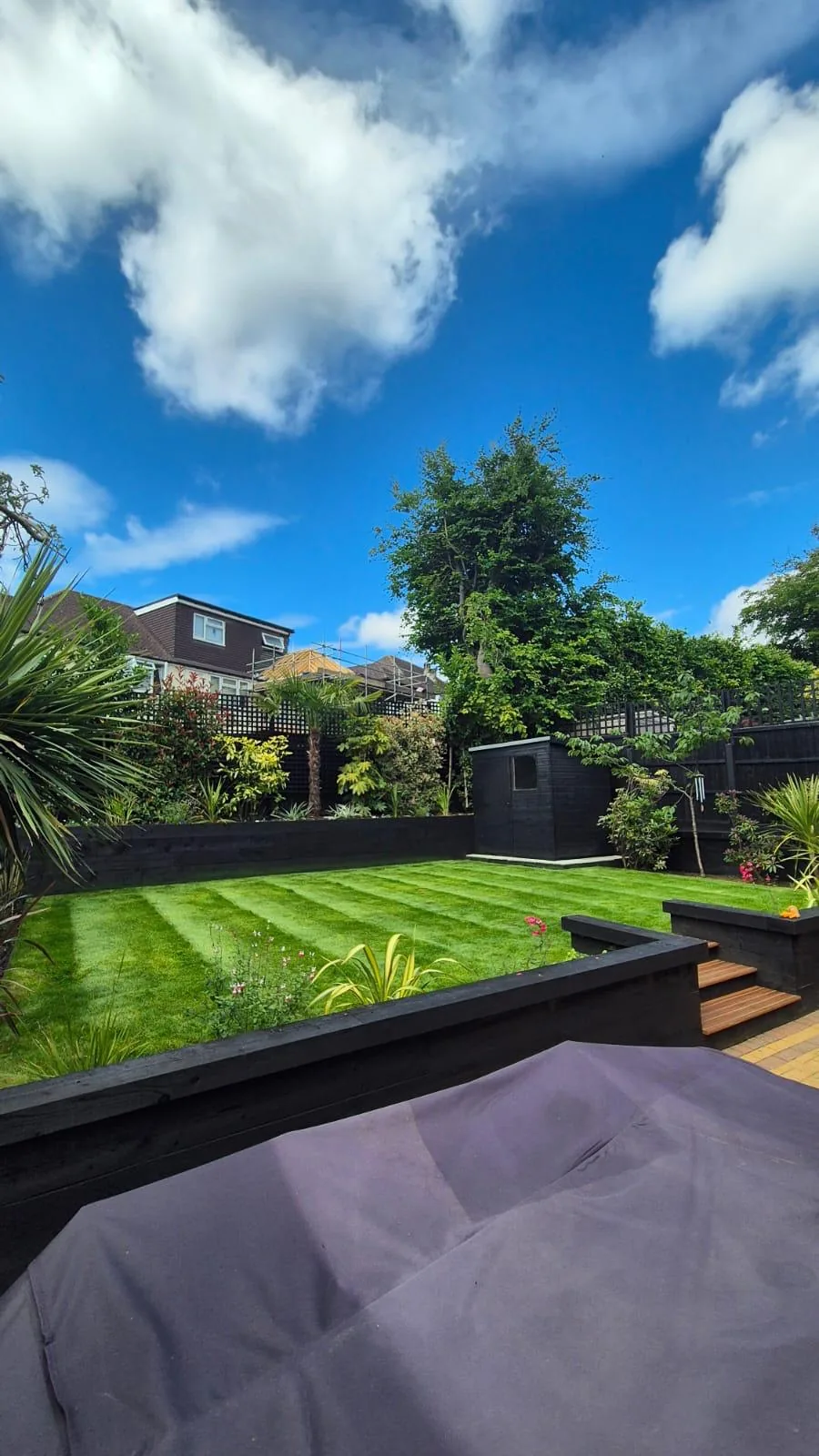 Lifted view of a striped lawn bordered by black-painted raised beds and mature trees